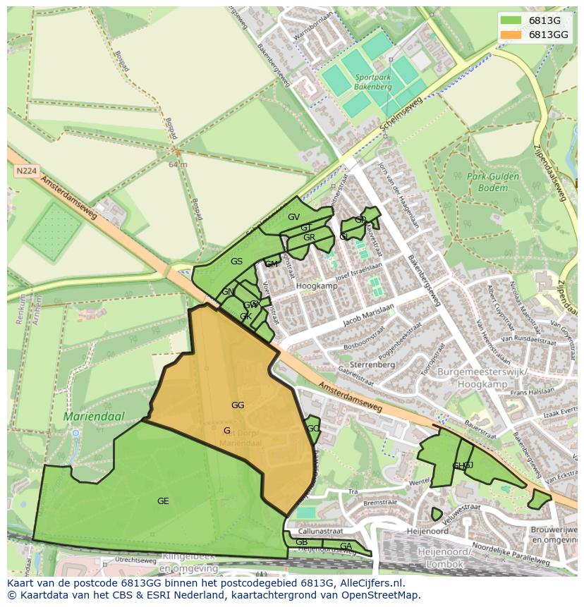 Afbeelding van het postcodegebied 6813 GG op de kaart.