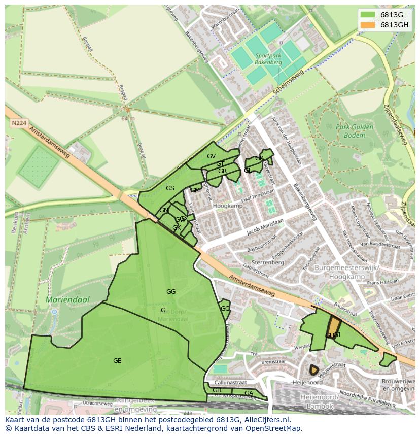 Afbeelding van het postcodegebied 6813 GH op de kaart.