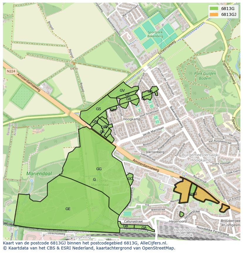 Afbeelding van het postcodegebied 6813 GJ op de kaart.