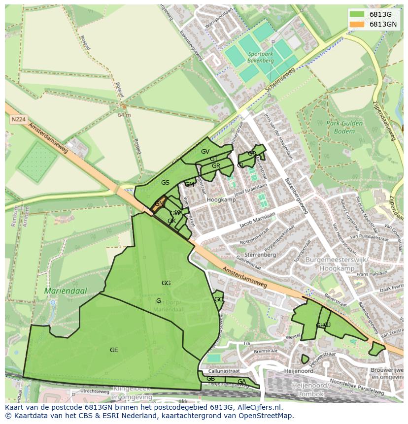 Afbeelding van het postcodegebied 6813 GN op de kaart.