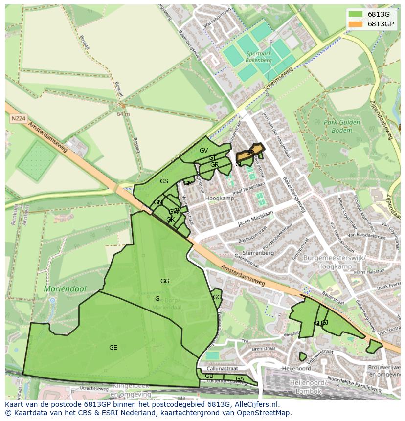 Afbeelding van het postcodegebied 6813 GP op de kaart.