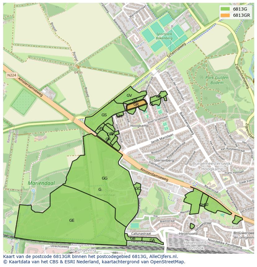 Afbeelding van het postcodegebied 6813 GR op de kaart.