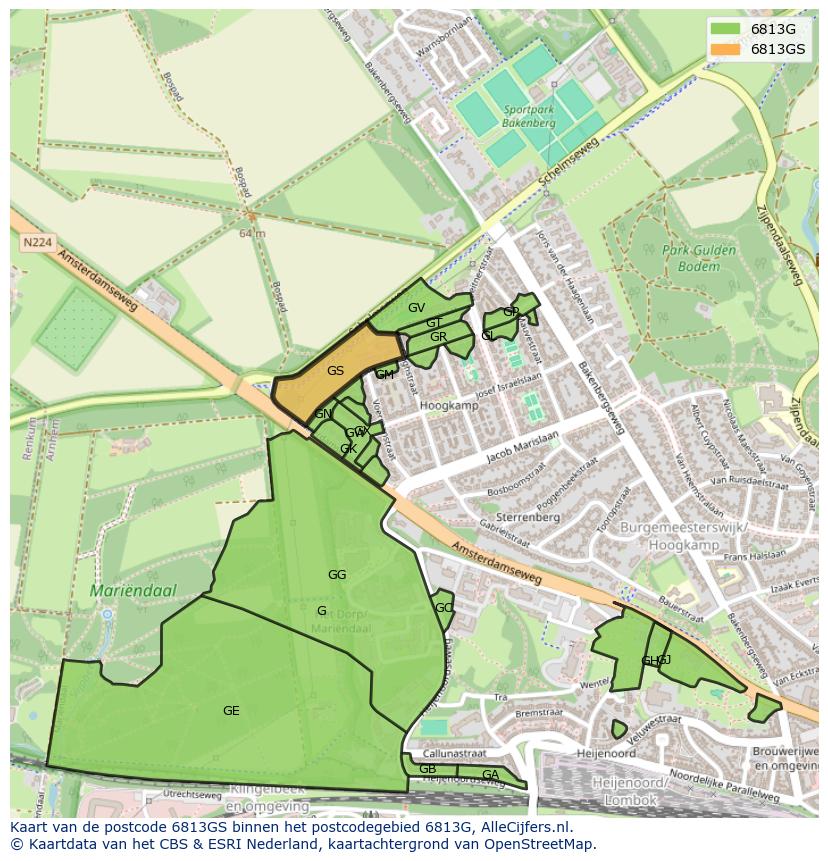 Afbeelding van het postcodegebied 6813 GS op de kaart.