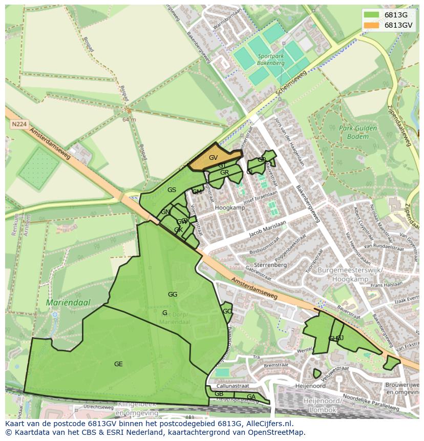 Afbeelding van het postcodegebied 6813 GV op de kaart.