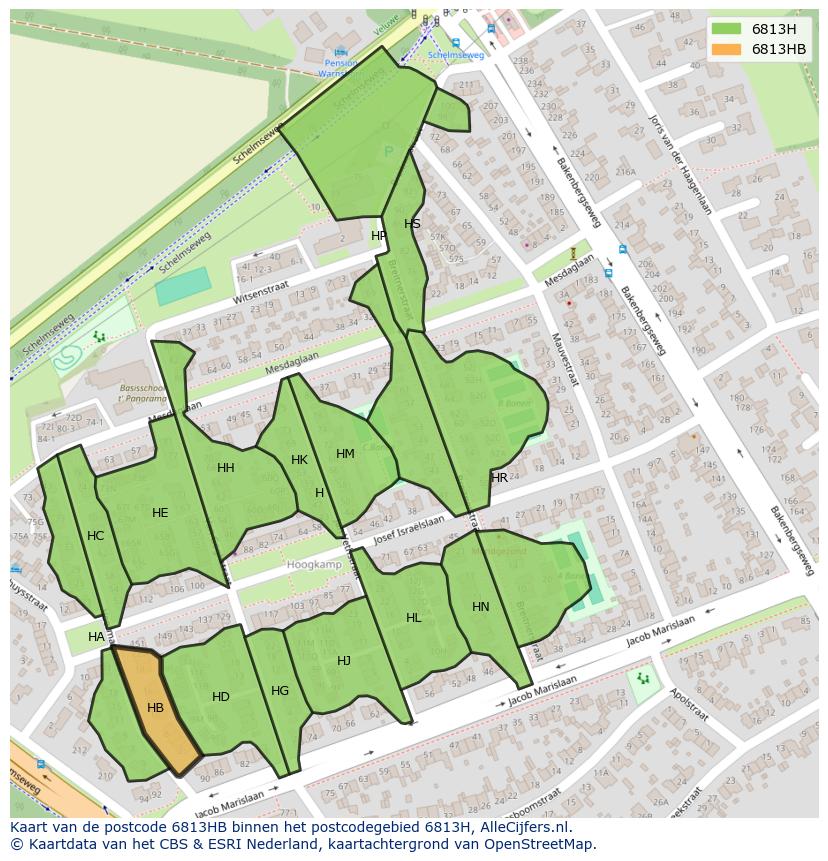 Afbeelding van het postcodegebied 6813 HB op de kaart.