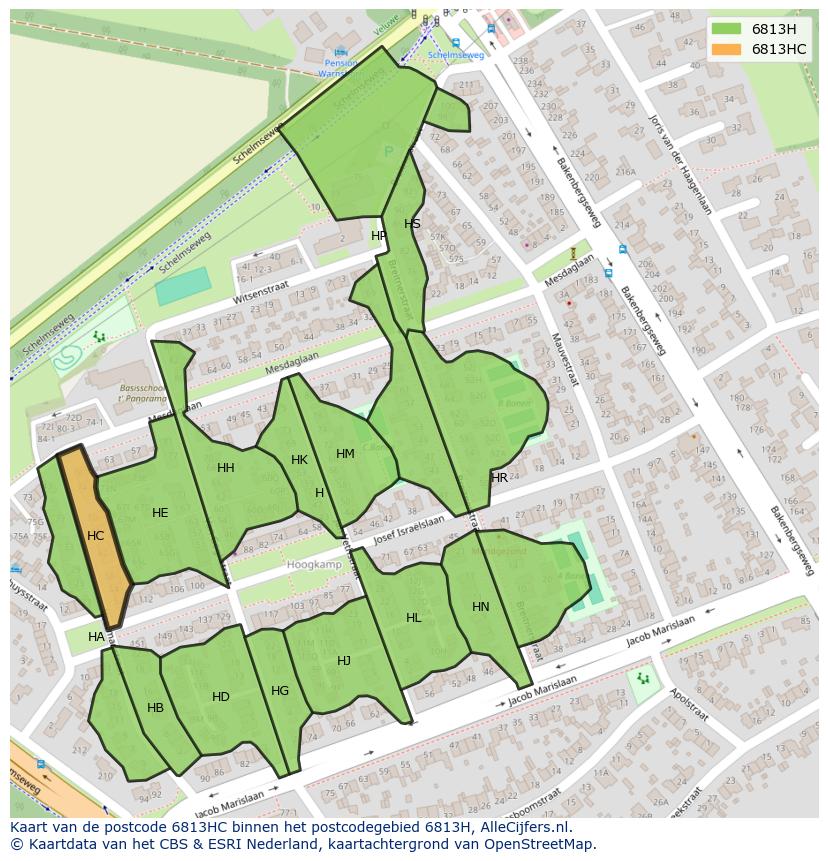 Afbeelding van het postcodegebied 6813 HC op de kaart.