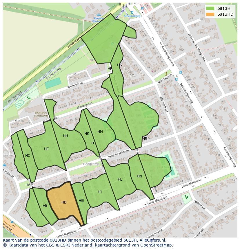 Afbeelding van het postcodegebied 6813 HD op de kaart.