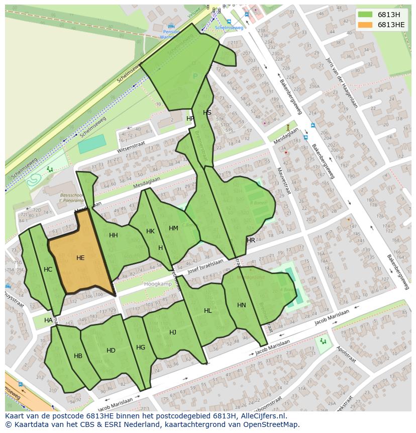 Afbeelding van het postcodegebied 6813 HE op de kaart.