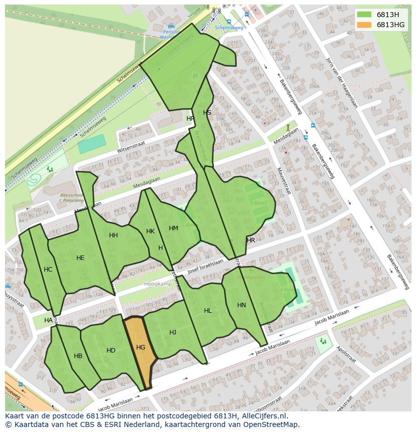 Afbeelding van het postcodegebied 6813 HG op de kaart.