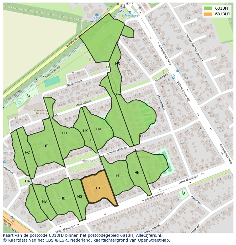 Afbeelding van het postcodegebied 6813 HJ op de kaart.