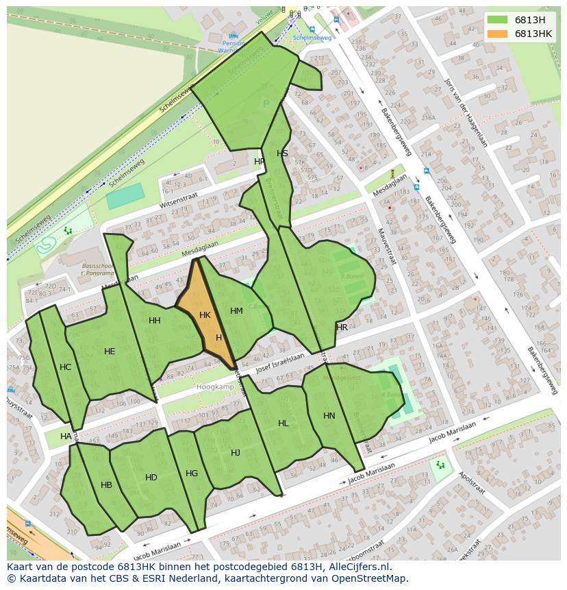 Afbeelding van het postcodegebied 6813 HK op de kaart.