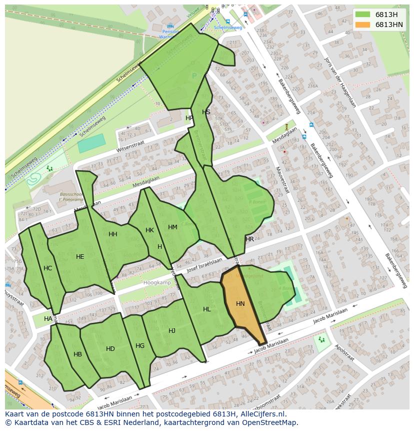 Afbeelding van het postcodegebied 6813 HN op de kaart.