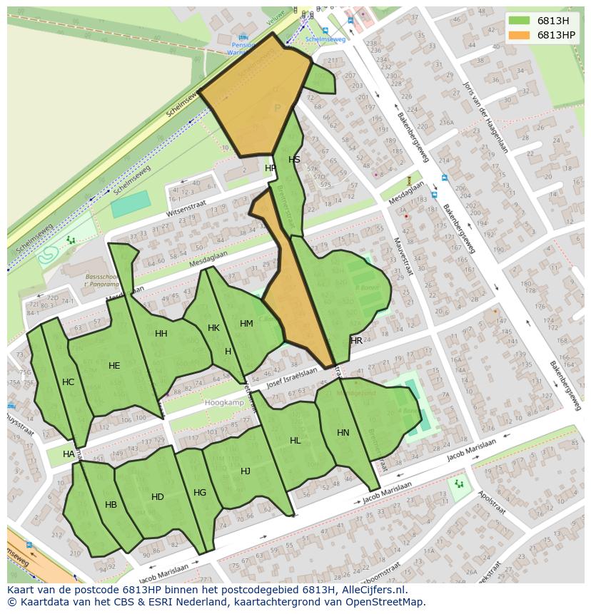 Afbeelding van het postcodegebied 6813 HP op de kaart.