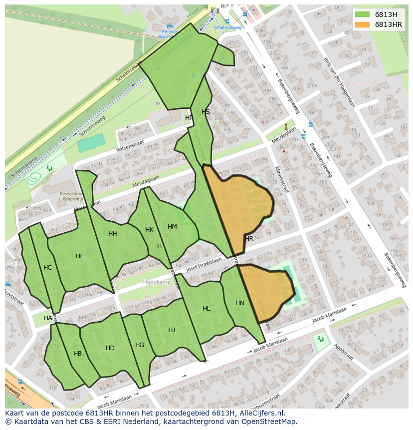 Afbeelding van het postcodegebied 6813 HR op de kaart.