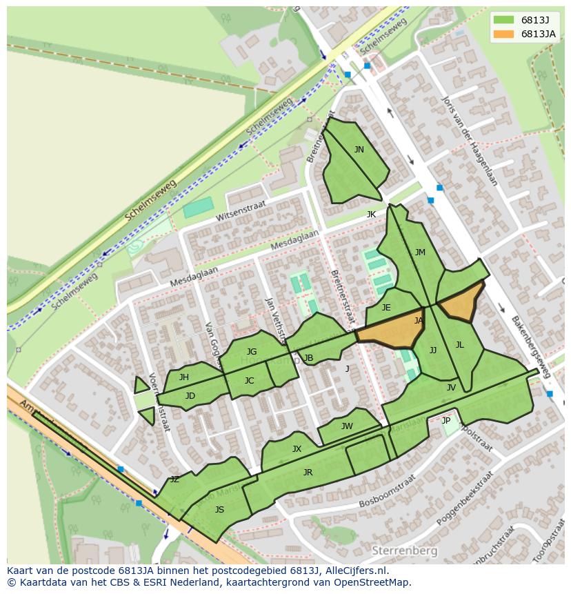 Afbeelding van het postcodegebied 6813 JA op de kaart.