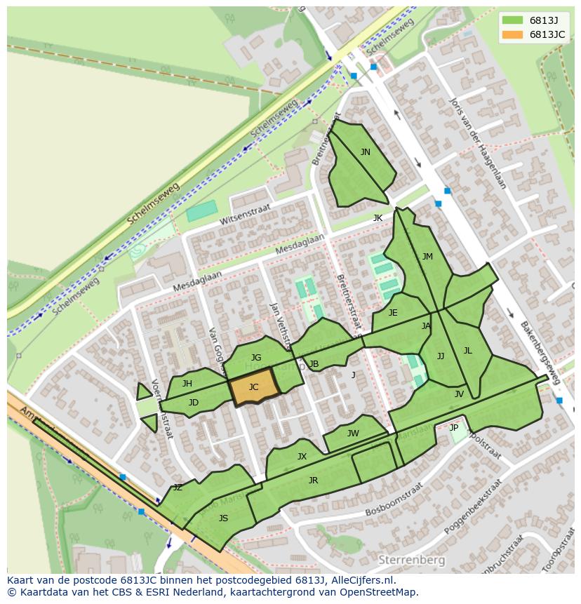 Afbeelding van het postcodegebied 6813 JC op de kaart.