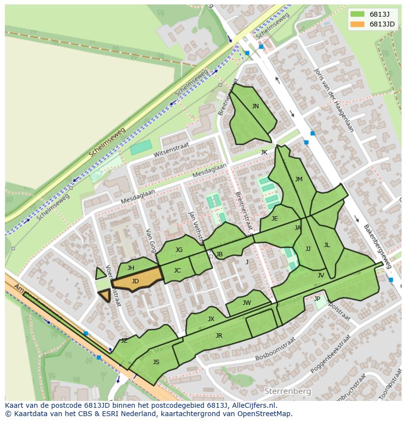 Afbeelding van het postcodegebied 6813 JD op de kaart.