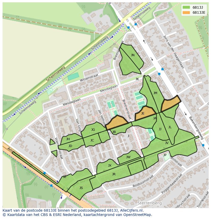 Afbeelding van het postcodegebied 6813 JE op de kaart.