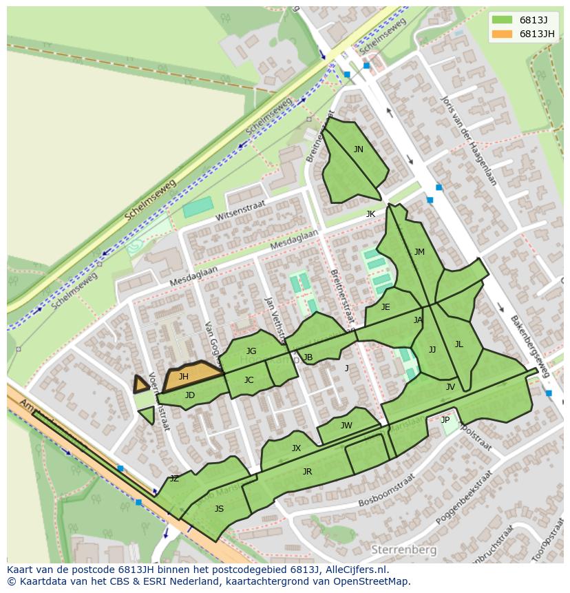 Afbeelding van het postcodegebied 6813 JH op de kaart.