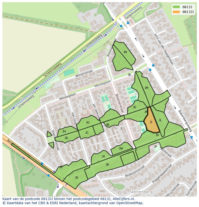 Afbeelding van het postcodegebied 6813 JJ op de kaart.