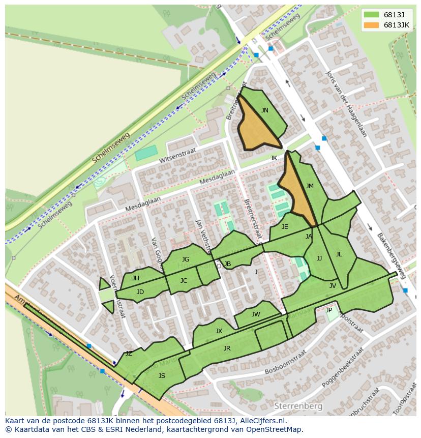 Afbeelding van het postcodegebied 6813 JK op de kaart.