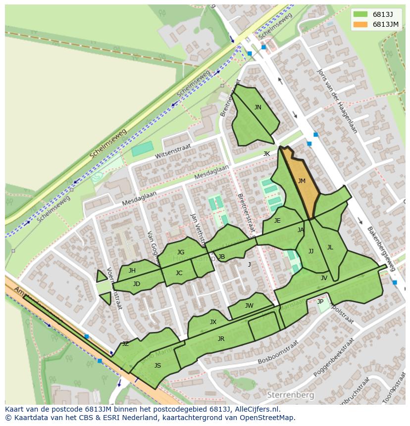 Afbeelding van het postcodegebied 6813 JM op de kaart.