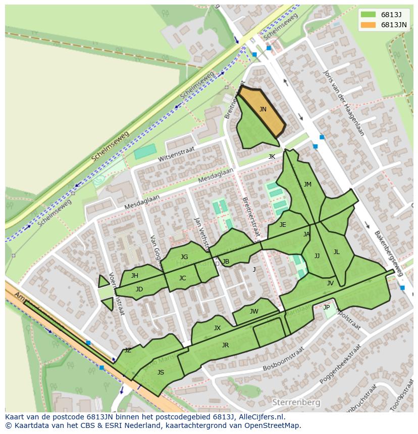 Afbeelding van het postcodegebied 6813 JN op de kaart.