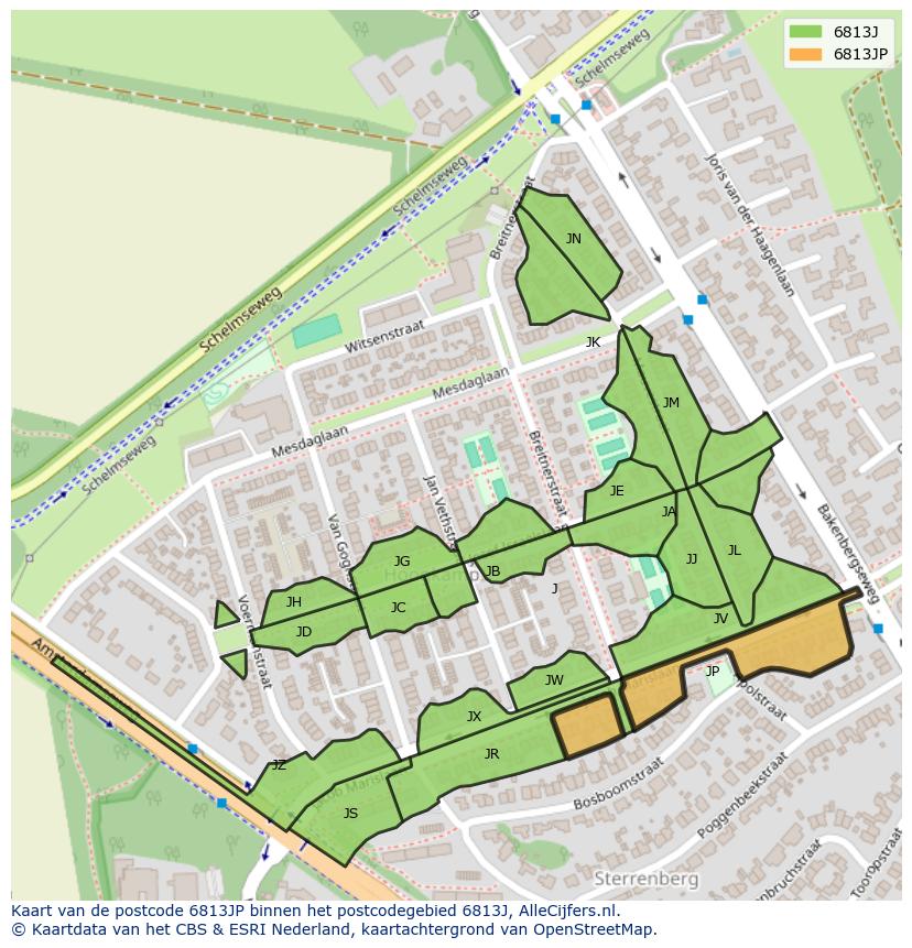 Afbeelding van het postcodegebied 6813 JP op de kaart.