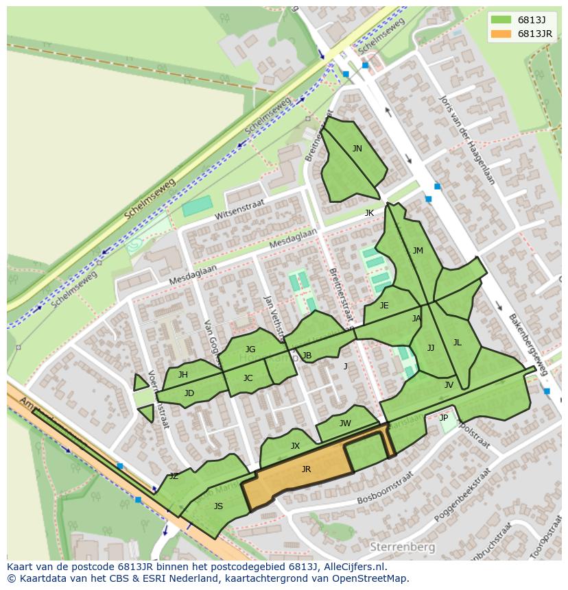 Afbeelding van het postcodegebied 6813 JR op de kaart.