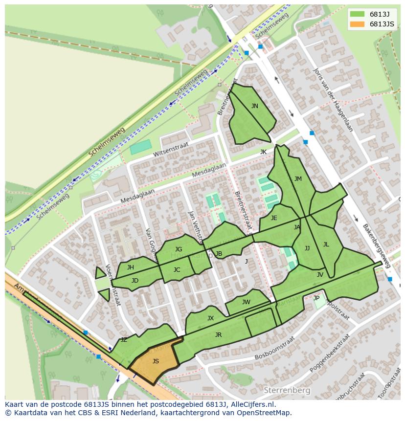 Afbeelding van het postcodegebied 6813 JS op de kaart.