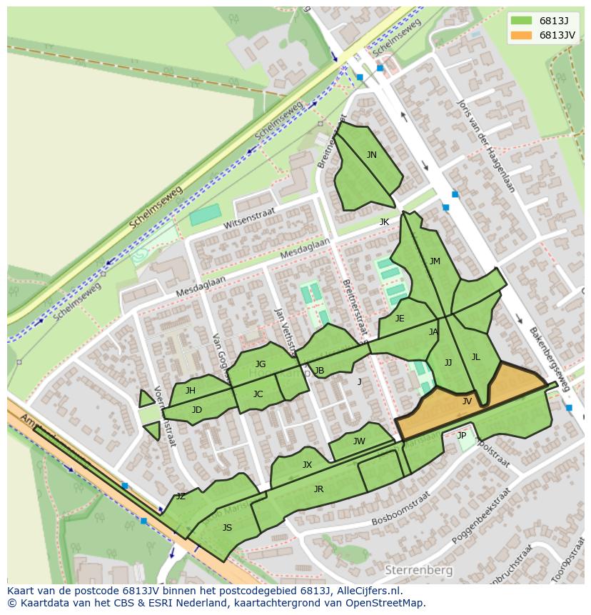 Afbeelding van het postcodegebied 6813 JV op de kaart.