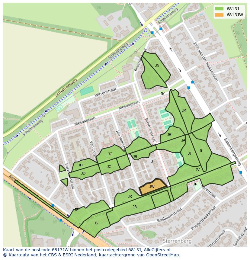 Afbeelding van het postcodegebied 6813 JW op de kaart.