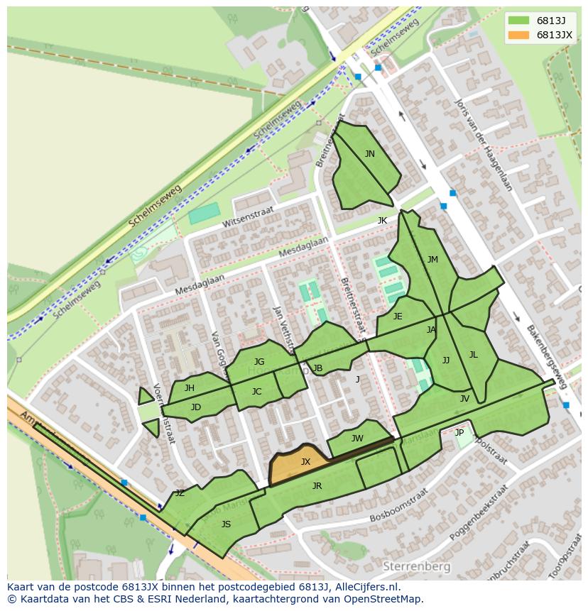 Afbeelding van het postcodegebied 6813 JX op de kaart.