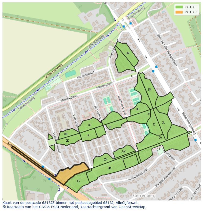 Afbeelding van het postcodegebied 6813 JZ op de kaart.