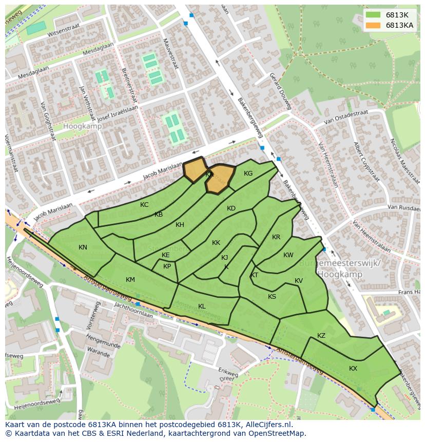 Afbeelding van het postcodegebied 6813 KA op de kaart.