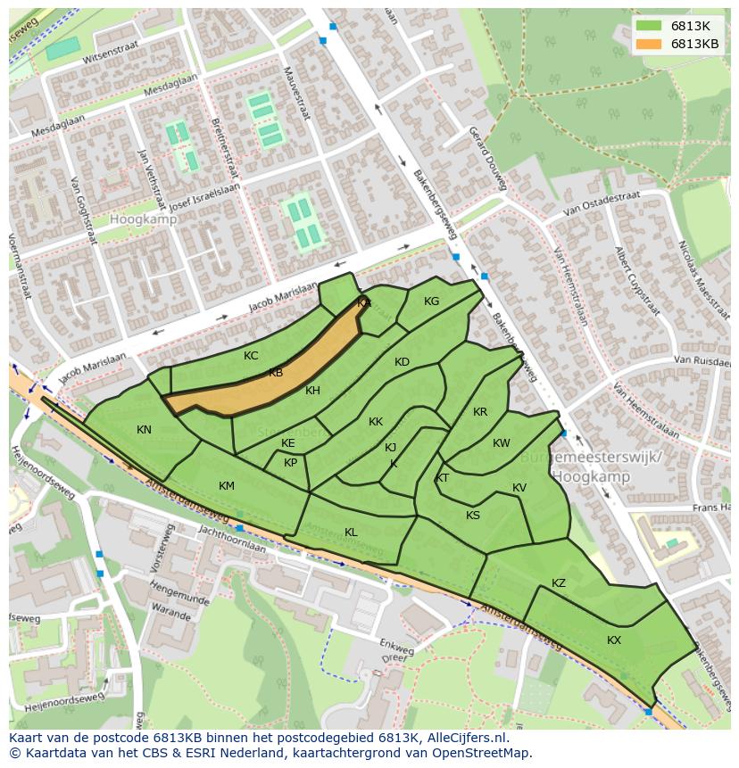 Afbeelding van het postcodegebied 6813 KB op de kaart.