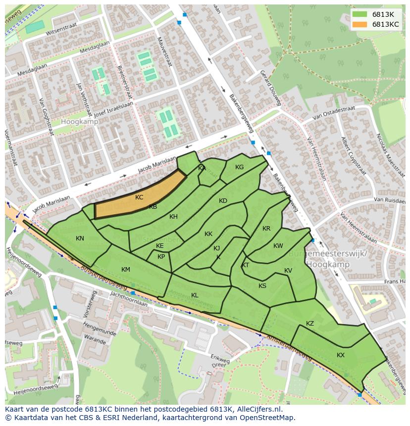 Afbeelding van het postcodegebied 6813 KC op de kaart.