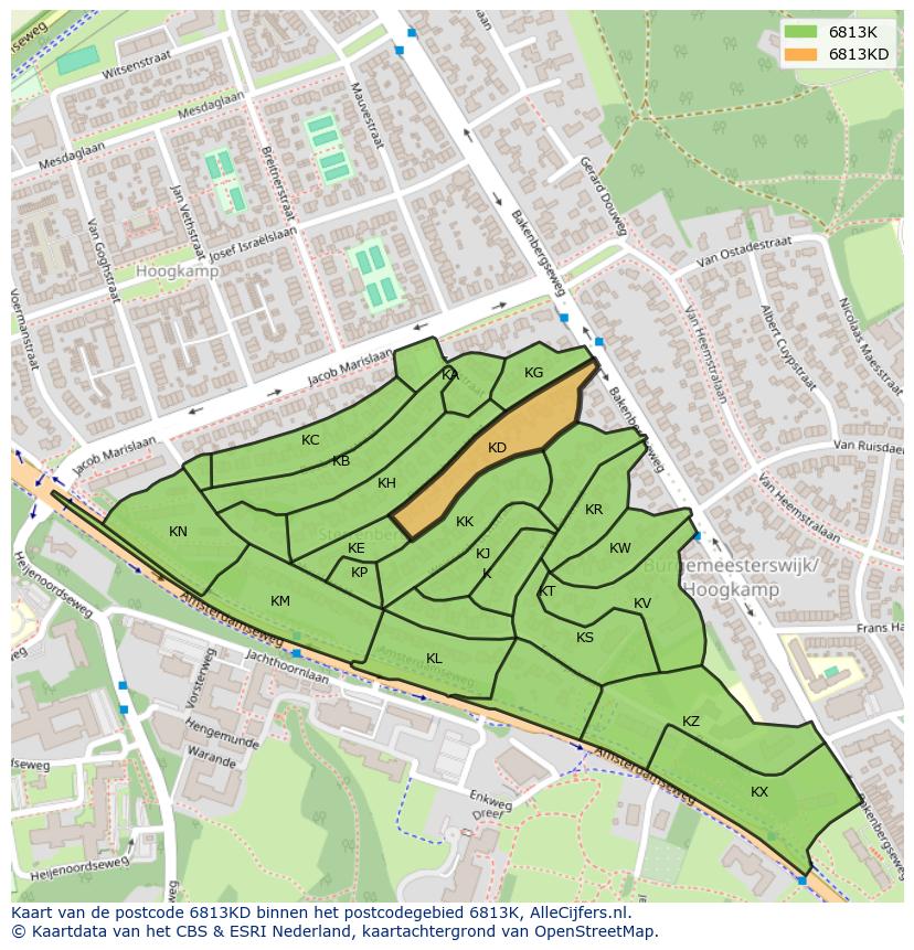 Afbeelding van het postcodegebied 6813 KD op de kaart.