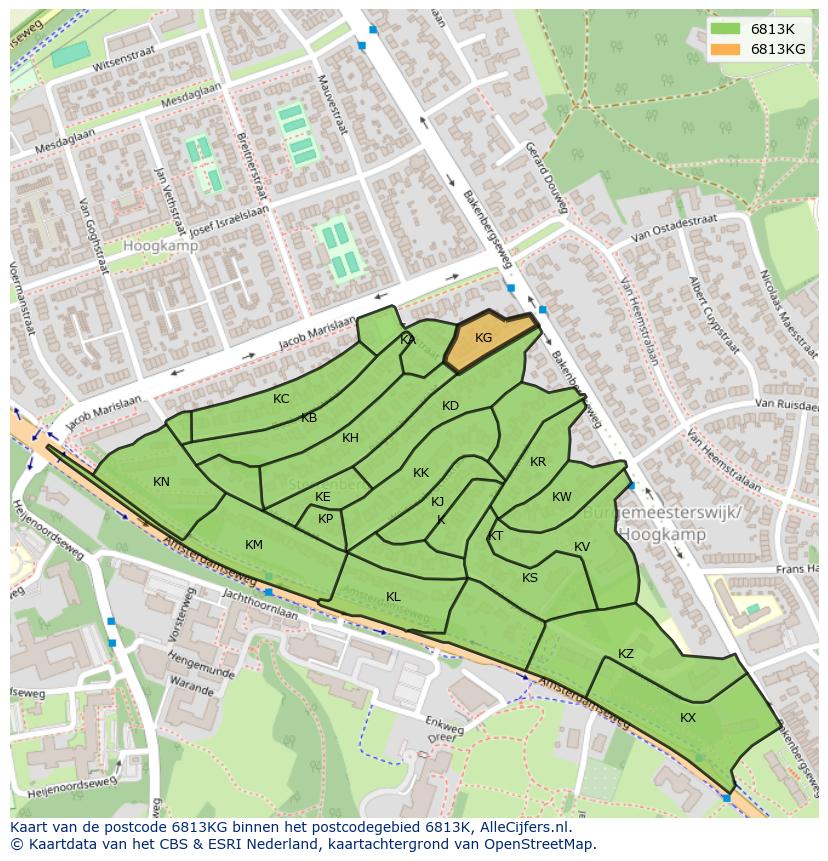 Afbeelding van het postcodegebied 6813 KG op de kaart.
