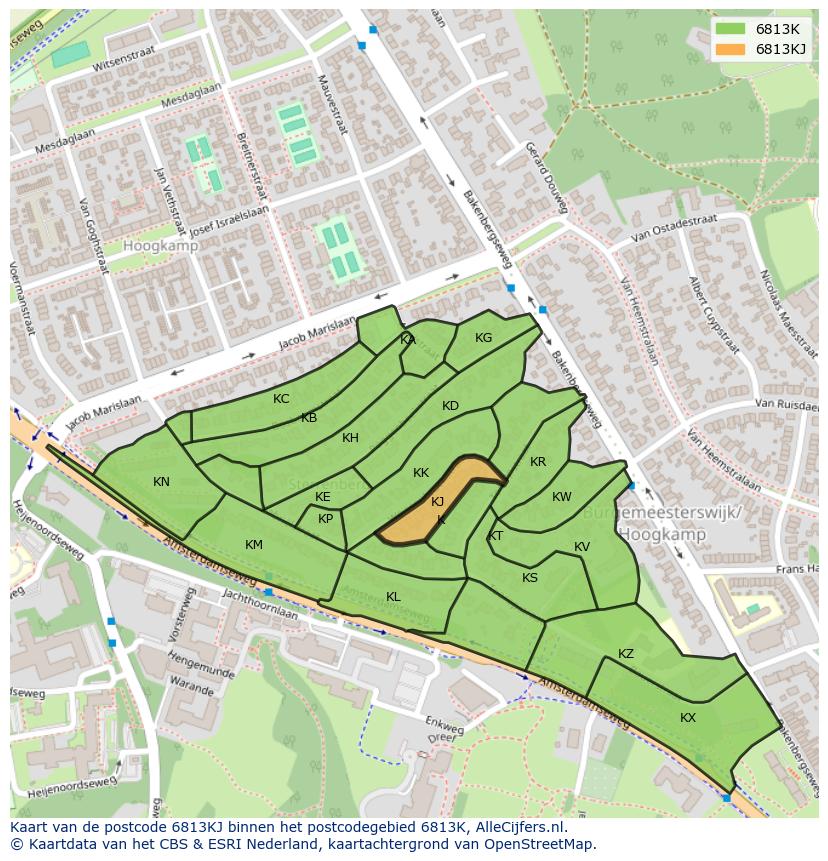 Afbeelding van het postcodegebied 6813 KJ op de kaart.