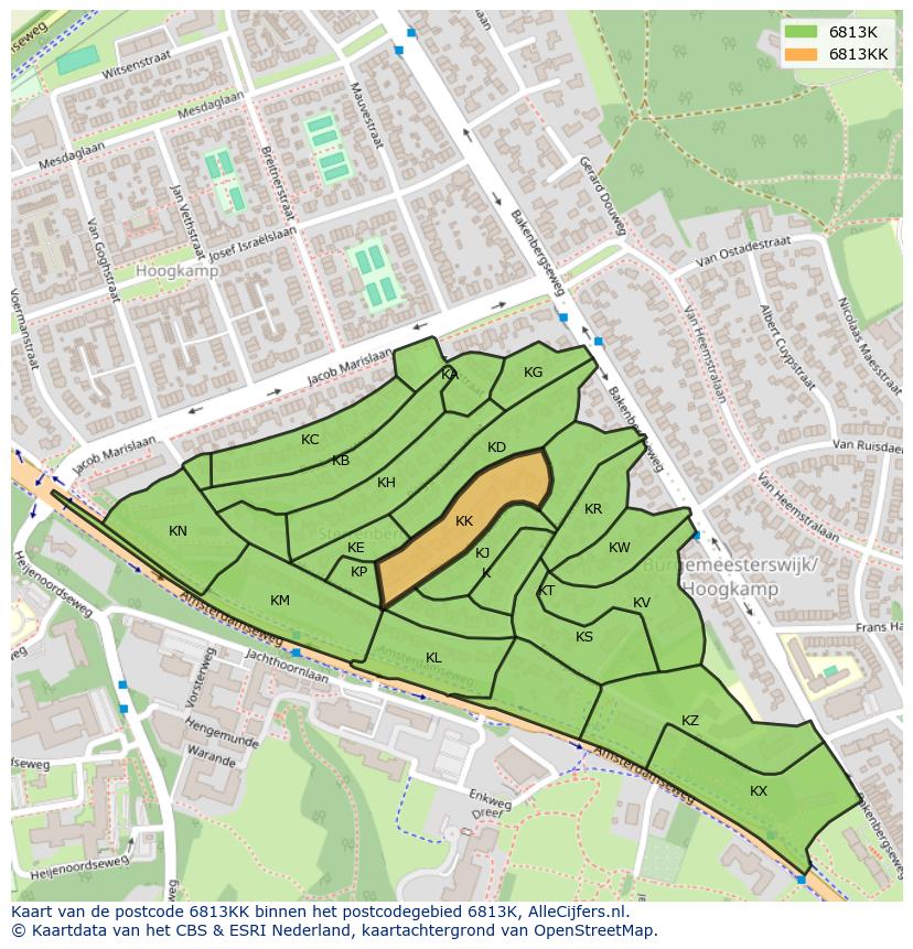Afbeelding van het postcodegebied 6813 KK op de kaart.