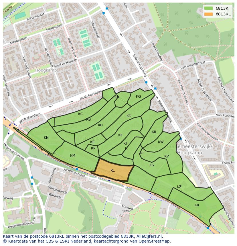 Afbeelding van het postcodegebied 6813 KL op de kaart.