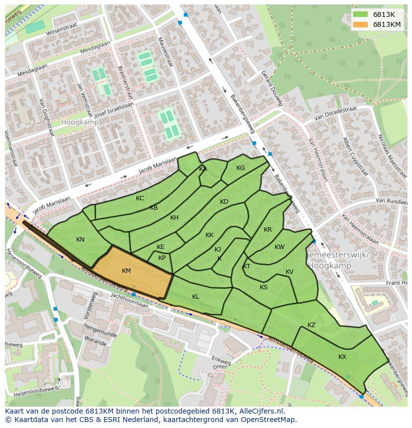 Afbeelding van het postcodegebied 6813 KM op de kaart.