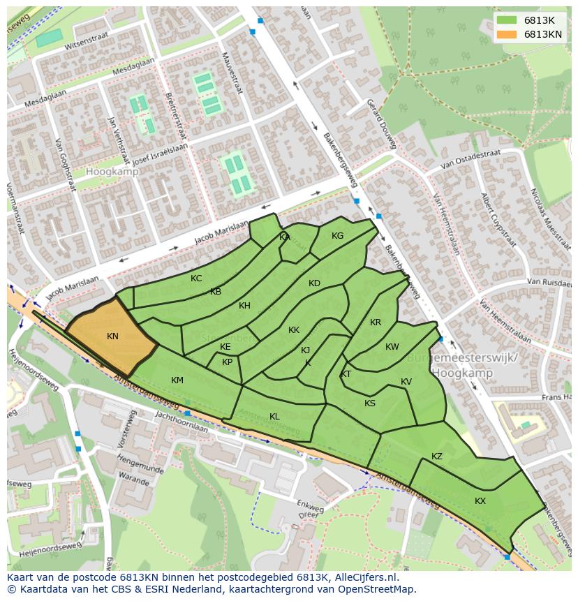 Afbeelding van het postcodegebied 6813 KN op de kaart.