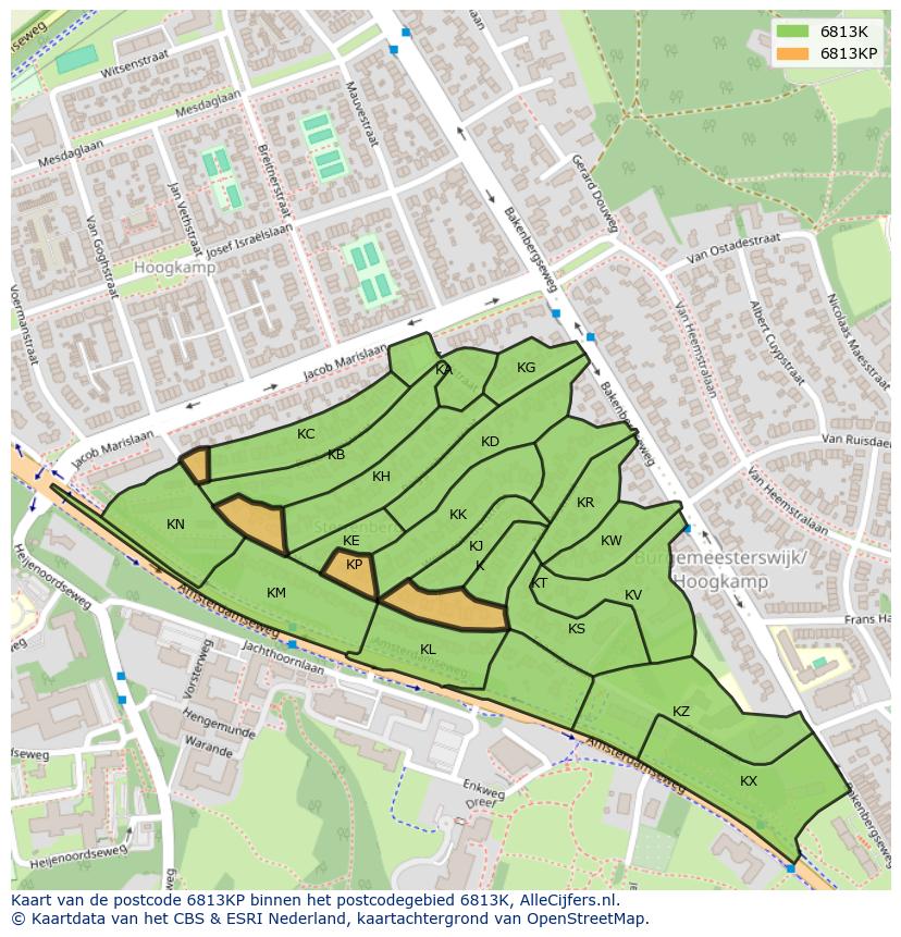 Afbeelding van het postcodegebied 6813 KP op de kaart.