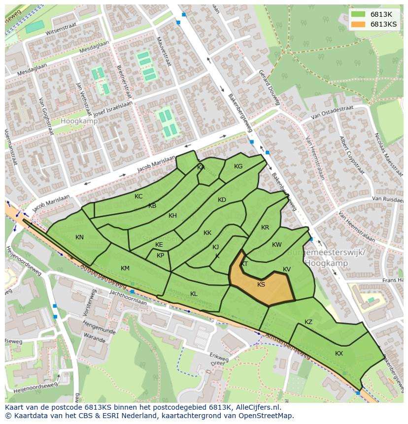 Afbeelding van het postcodegebied 6813 KS op de kaart.
