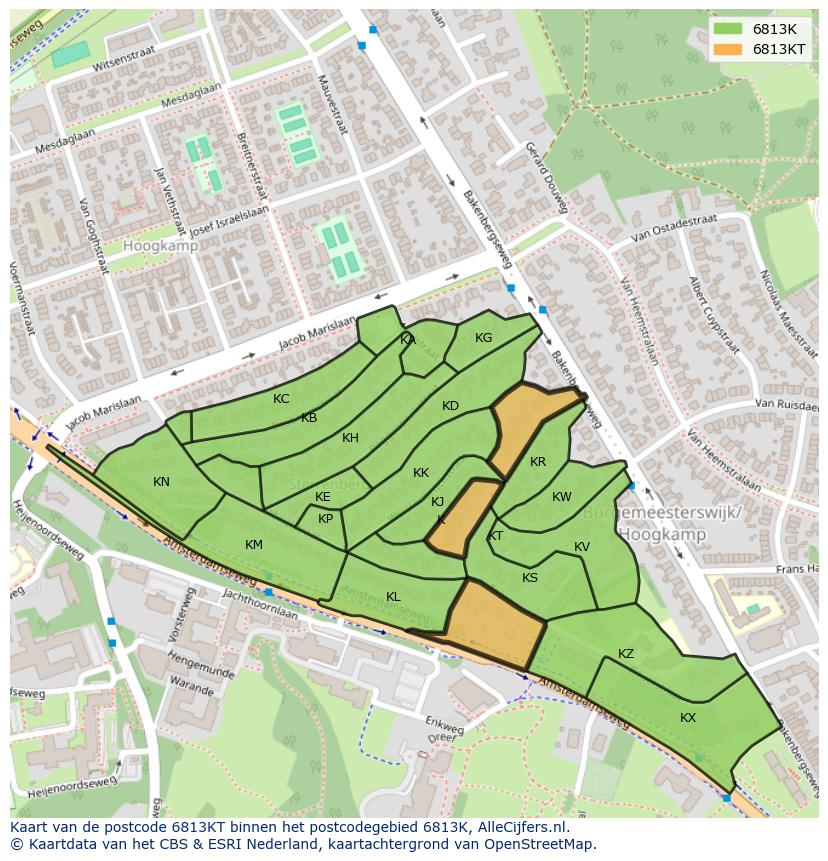 Afbeelding van het postcodegebied 6813 KT op de kaart.