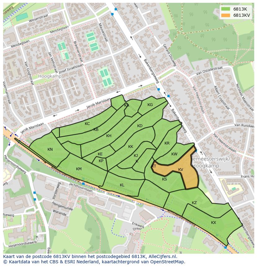Afbeelding van het postcodegebied 6813 KV op de kaart.