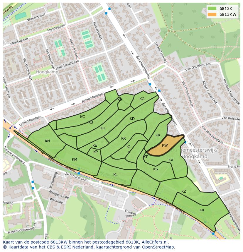 Afbeelding van het postcodegebied 6813 KW op de kaart.