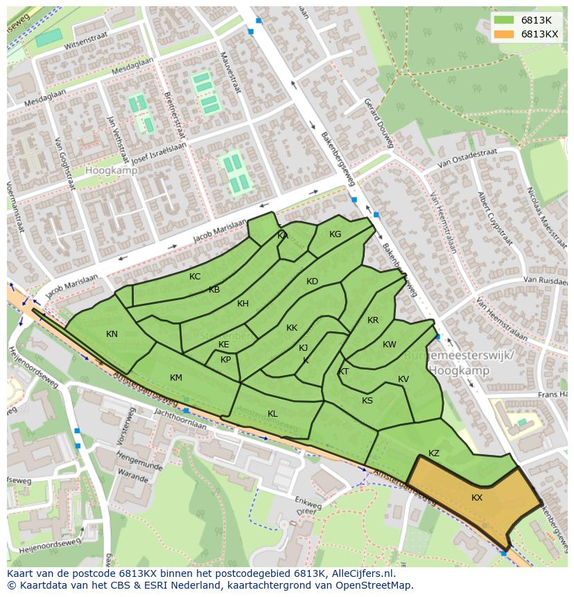Afbeelding van het postcodegebied 6813 KX op de kaart.